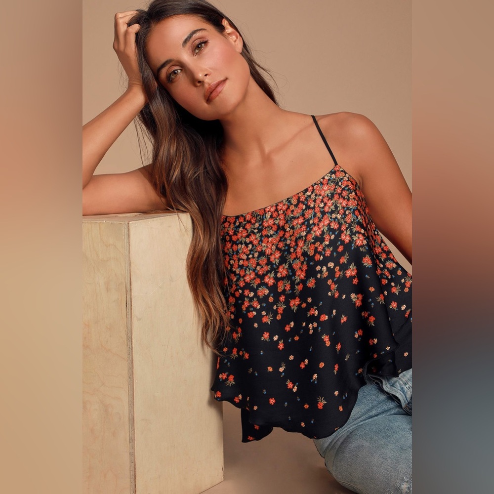 Free People Let Me Love Black Floral Print Cami Top Size Small